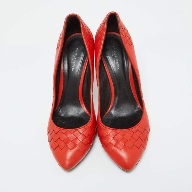 Pre Owned Bottega Veneta Orange Intrecciato Leather Pumps Size 38.5