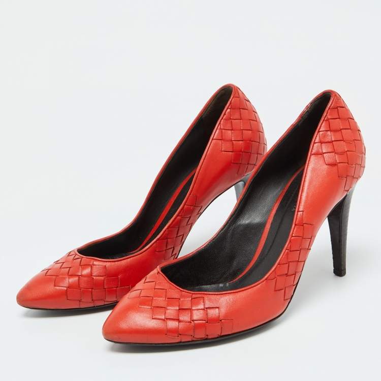 Pre Owned Bottega Veneta Orange Intrecciato Leather Pumps Size 38.5