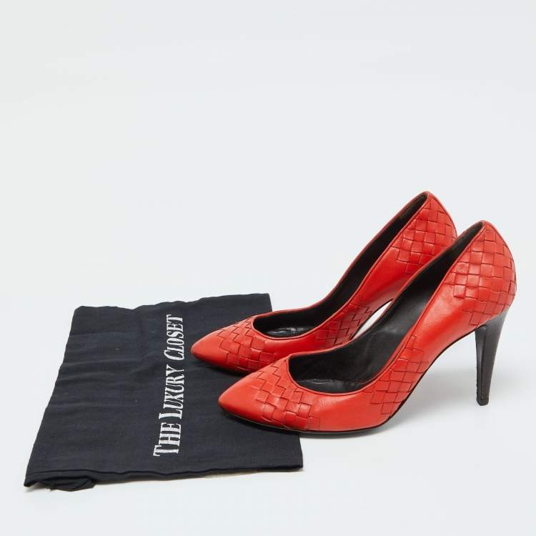 Pre Owned Bottega Veneta Orange Intrecciato Leather Pumps Size 38.5