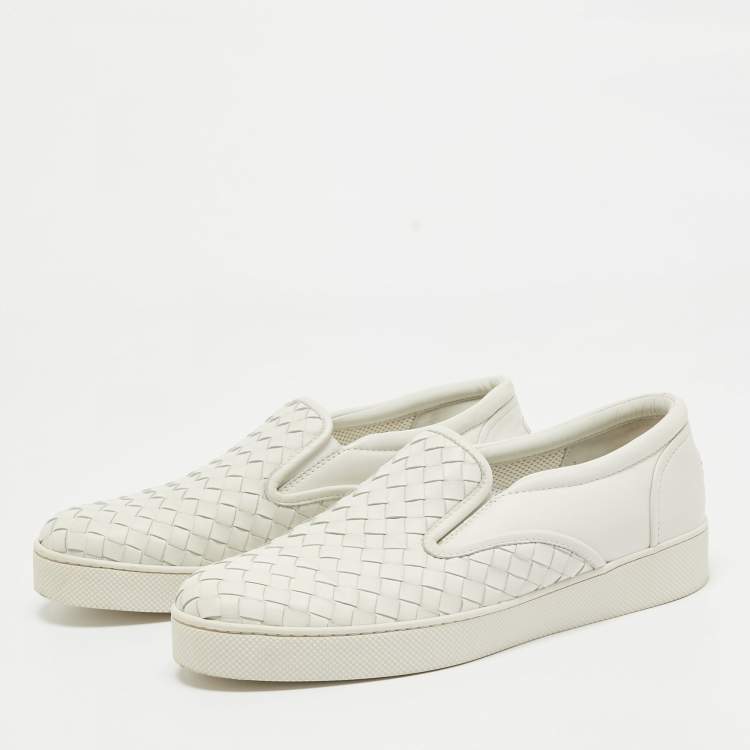 Pre Owned Bottega Veneta White Woven Leather Dodger Slip On Sneakers Size 38.5