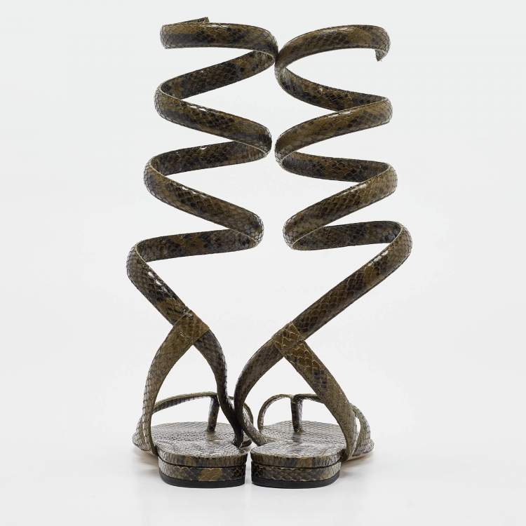 Pre Owned Bottega Veneta Green Python Embossed Leather Ankle Strap Sandals 37