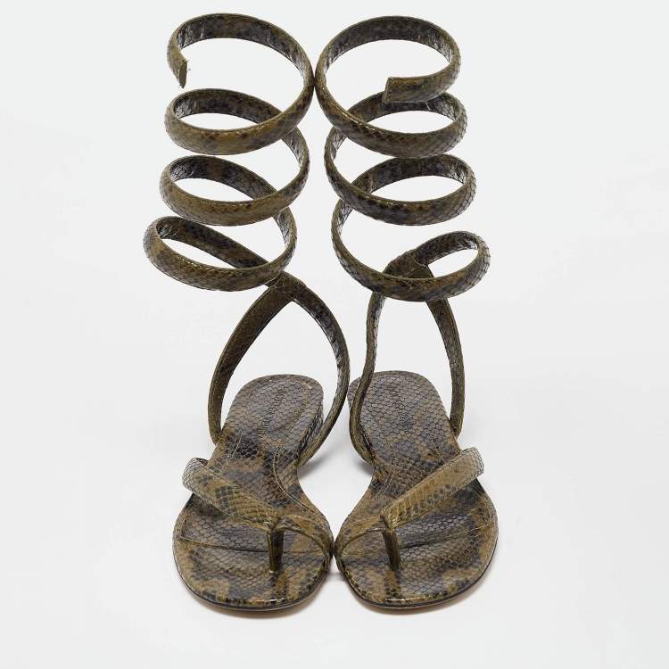 Pre Owned Bottega Veneta Green Python Embossed Leather Ankle Strap Sandals 37