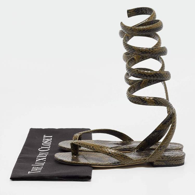 Pre Owned Bottega Veneta Green Python Embossed Leather Ankle Strap Sandals 37