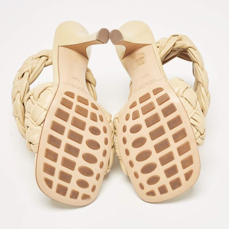 Pre Owned Bottega Veneta Beige Woven Leather Intrecciato Ankle Strap Sandals Size 37.5