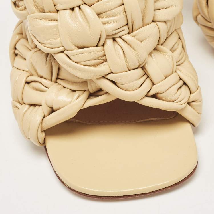 Pre Owned Bottega Veneta Beige Woven Leather Intrecciato Ankle Strap Sandals Size 37.5