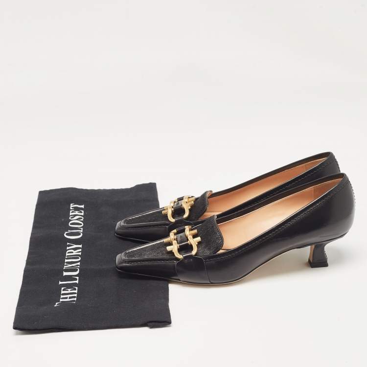 Pre Owned Bottega Veneta Black Leather and Calf Hair Madame Pumps Size 37