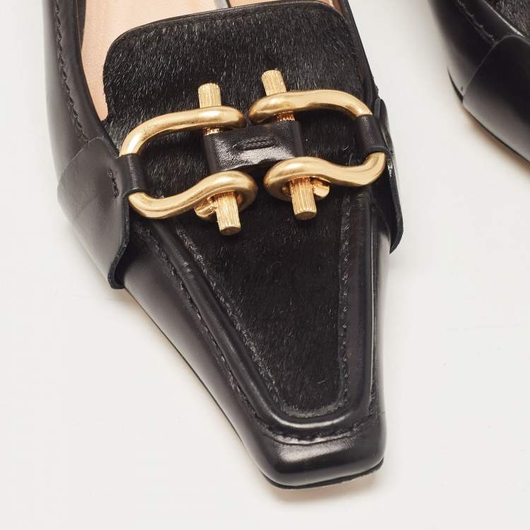 Pre Owned Bottega Veneta Black Leather and Calf Hair Madame Pumps Size 37