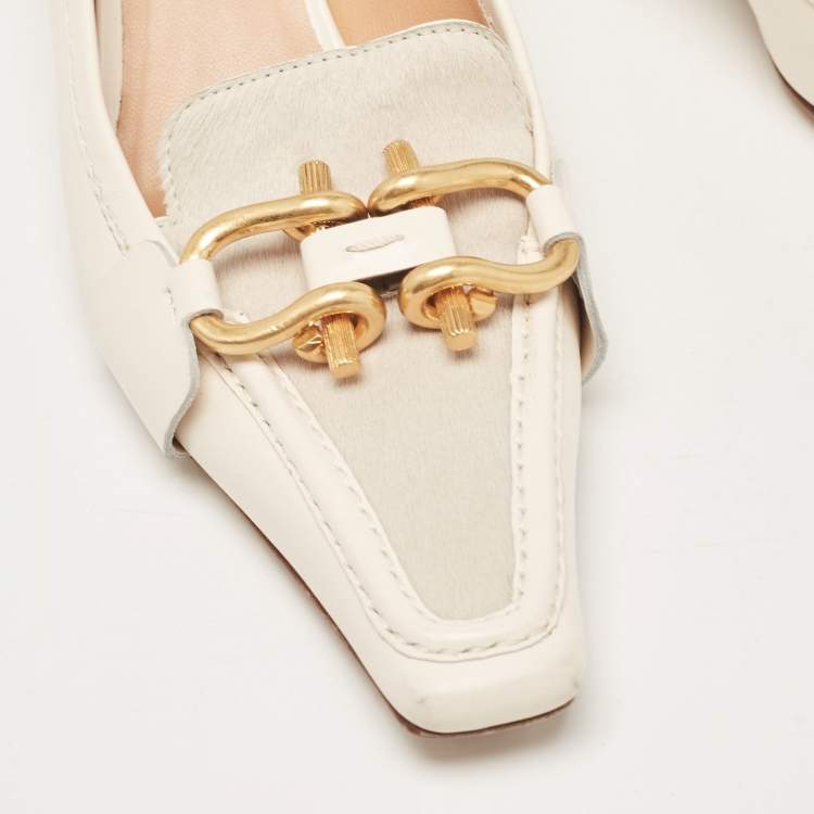 Pre Owned Bottega Veneta Off White Leather and Calf Hair Madame Pumps Size 37
