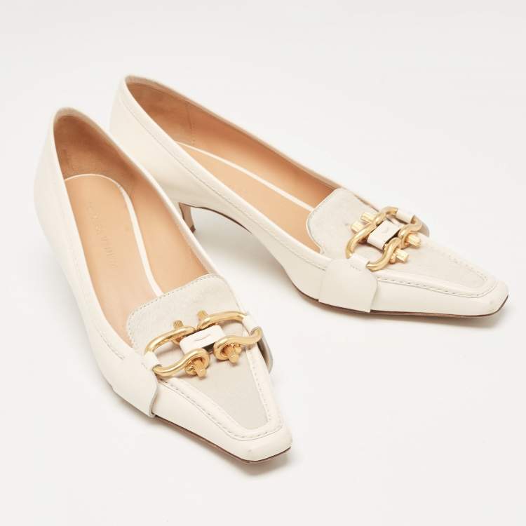 Pre Owned Bottega Veneta Off White Leather and Calf Hair Madame Pumps Size 37