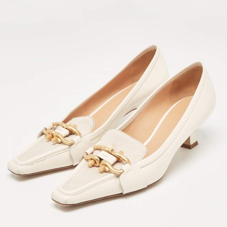 Pre Owned Bottega Veneta Off White Leather and Calf Hair Madame Pumps Size 37