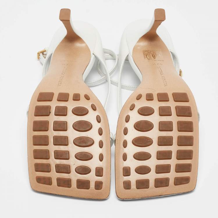 Pre Owned Bottega Veneta White Leather Stretch Ankle Strap Sandals Size 37.5