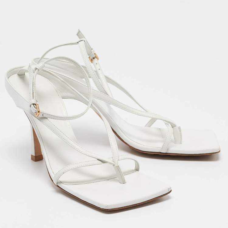 Pre Owned Bottega Veneta White Leather Stretch Ankle Strap Sandals Size 37.5