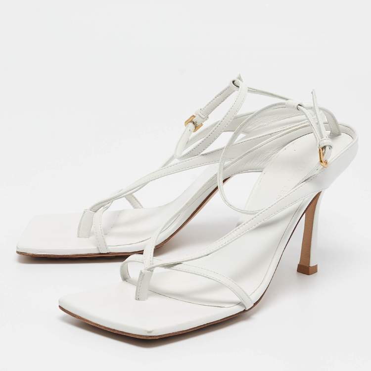 Pre Owned Bottega Veneta White Leather Stretch Ankle Strap Sandals Size 37.5