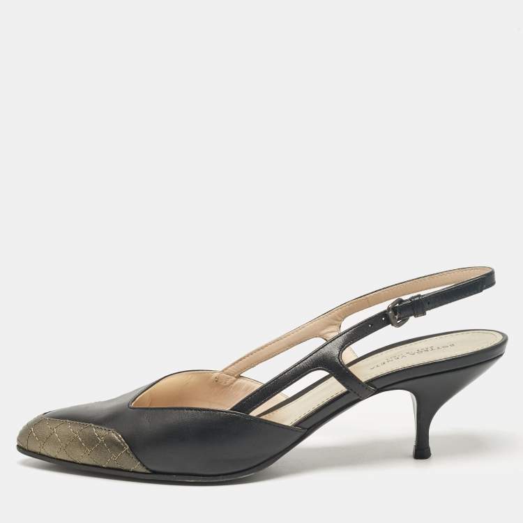 Pre Owned Bottega Veneta Black/Metallic Leather Slingback Pumps Size 38.5