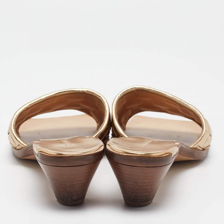 Pre Owned Bottega Veneta Metallic Leather Slide Sandals Size 37