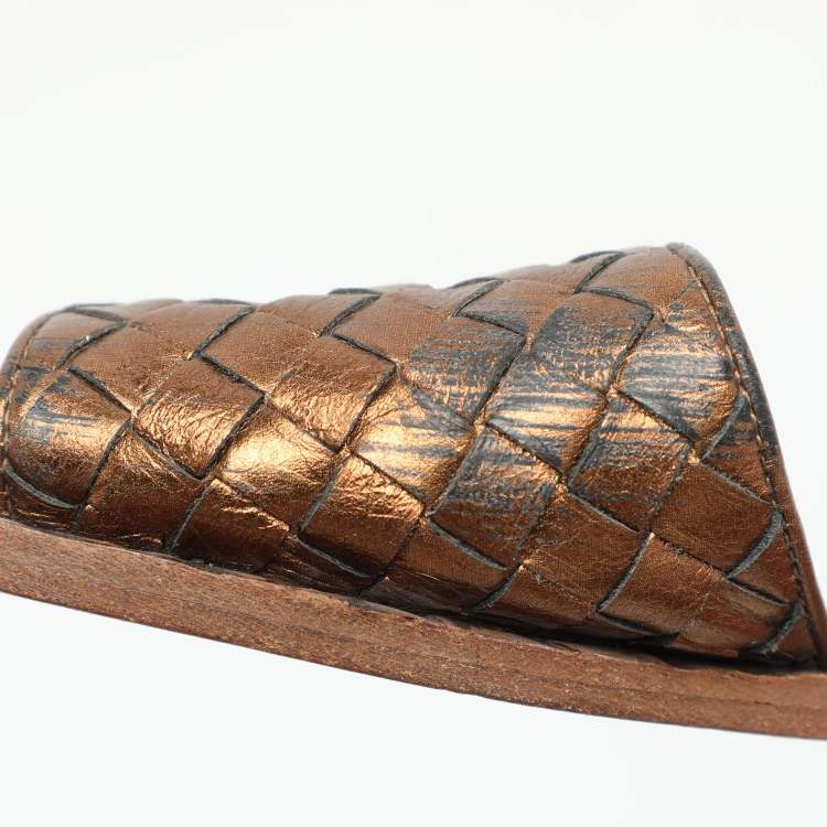 Pre Owned Bottega Veneta Gold Intrecciato Leather Flat Slides Size 37