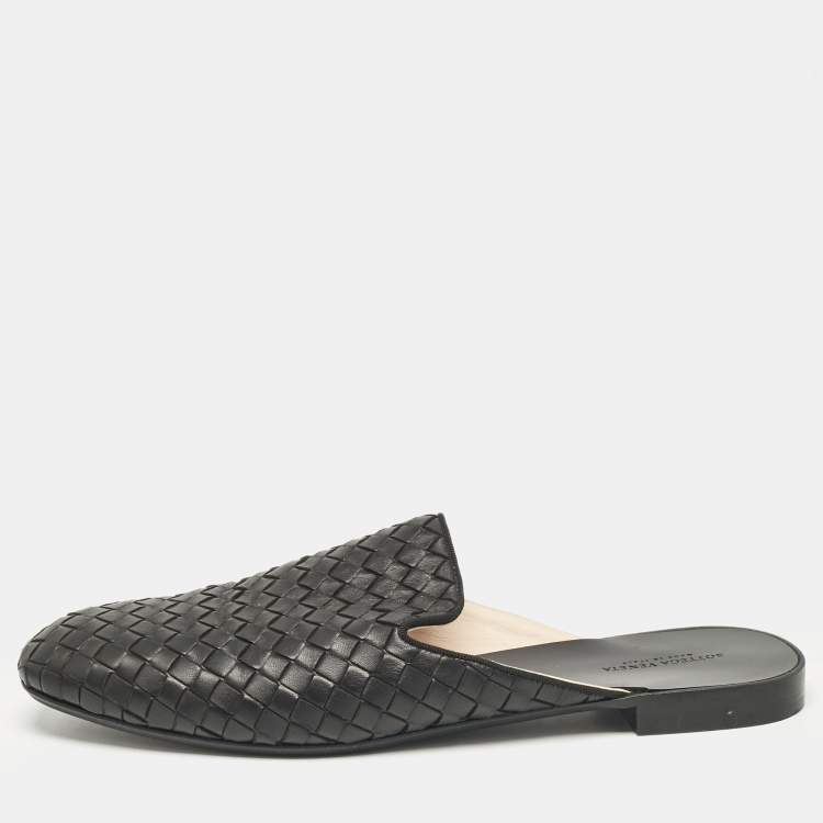 Pre Owned Bottega Veneta Black Intrecciato Leather Fiandra Flat Mules Size 40.5