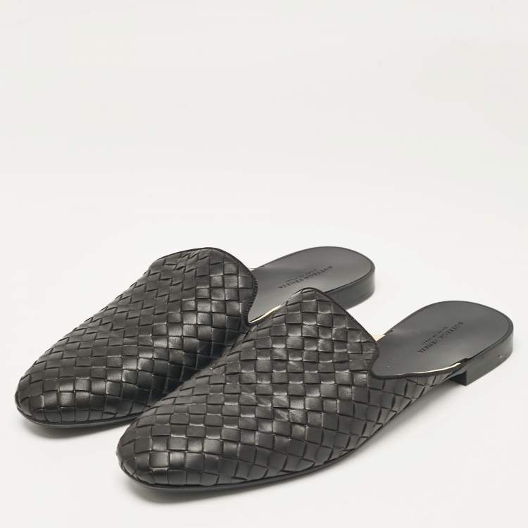 Pre Owned Bottega Veneta Black Intrecciato Leather Fiandra Flat Mules Size 40.5