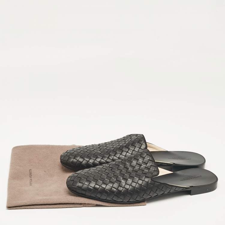 Pre Owned Bottega Veneta Black Intrecciato Leather Fiandra Flat Mules Size 40.5