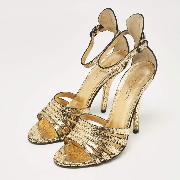Pre Owned Bottega Veneta Gold Laminated Suede Ankle Strap Sandals Size 36