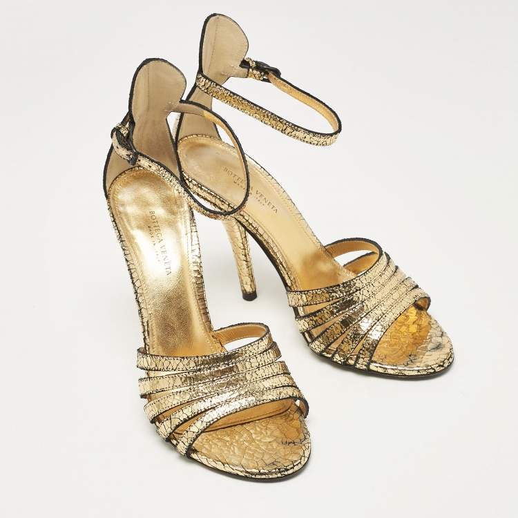 Pre Owned Bottega Veneta Gold Laminated Suede Ankle Strap Sandals Size 36