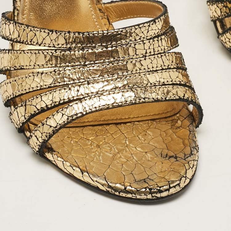 Pre Owned Bottega Veneta Gold Laminated Suede Ankle Strap Sandals Size 36