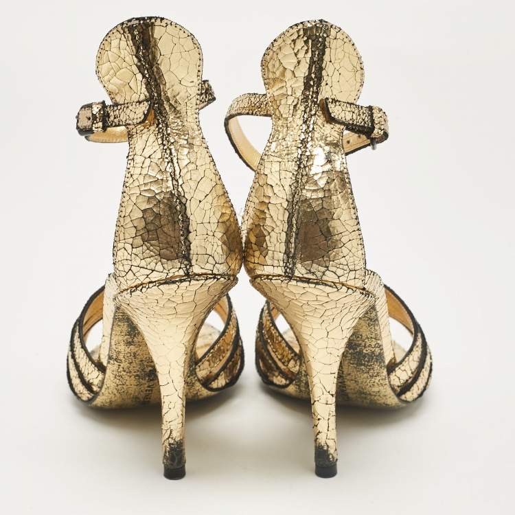 Pre Owned Bottega Veneta Gold Laminated Suede Ankle Strap Sandals Size 36
