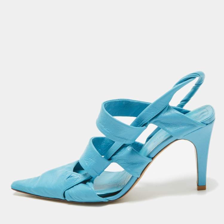 Pre Owned Bottega Veneta Blue Leather Slingback Pumps Size 37.5