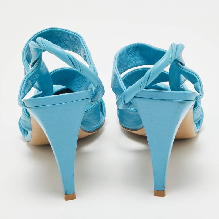 Pre Owned Bottega Veneta Blue Leather Slingback Pumps Size 37.5