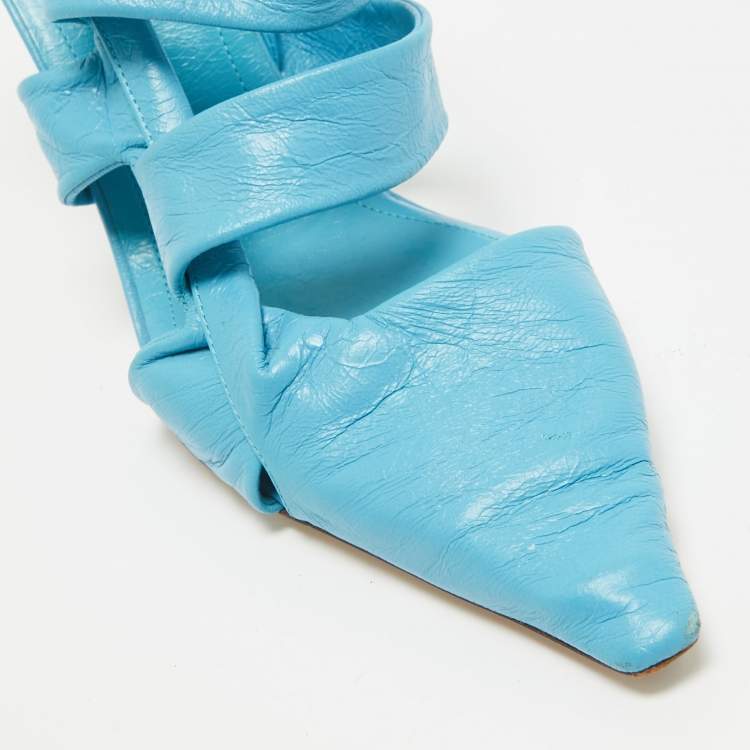 Pre Owned Bottega Veneta Blue Leather Slingback Pumps Size 37.5