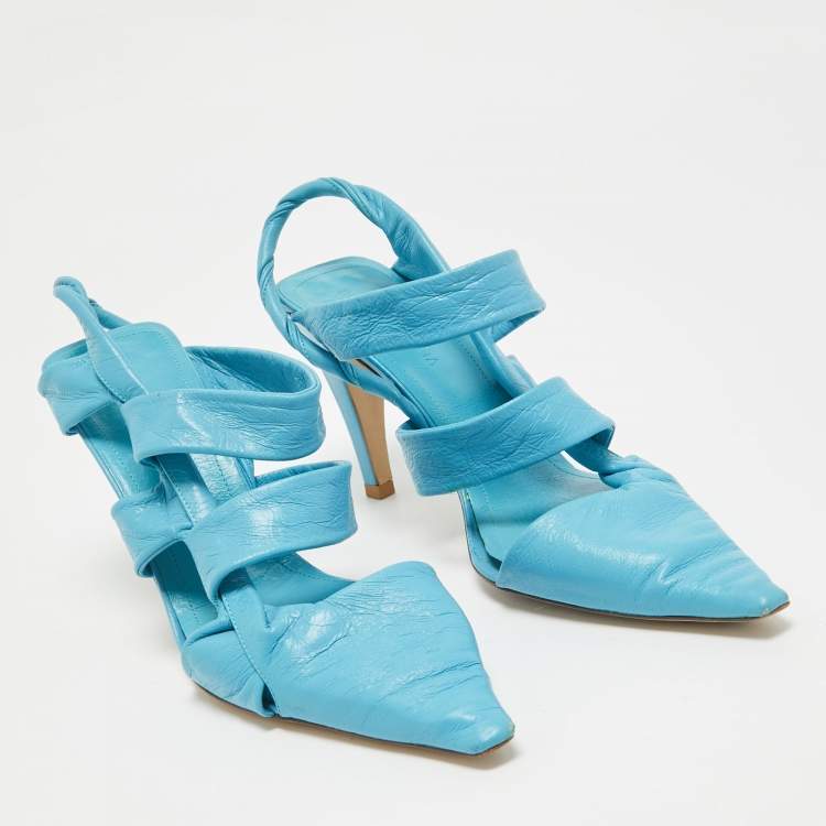 Pre Owned Bottega Veneta Blue Leather Slingback Pumps Size 37.5