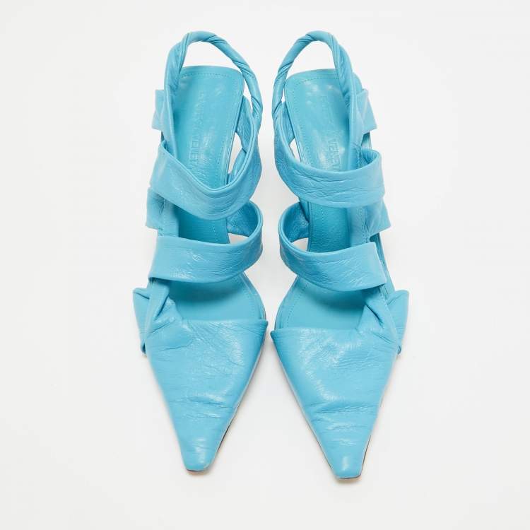 Pre Owned Bottega Veneta Blue Leather Slingback Pumps Size 37.5