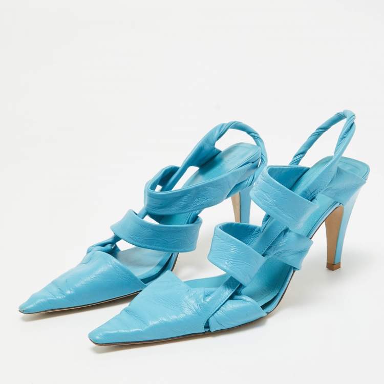 Pre Owned Bottega Veneta Blue Leather Slingback Pumps Size 37.5
