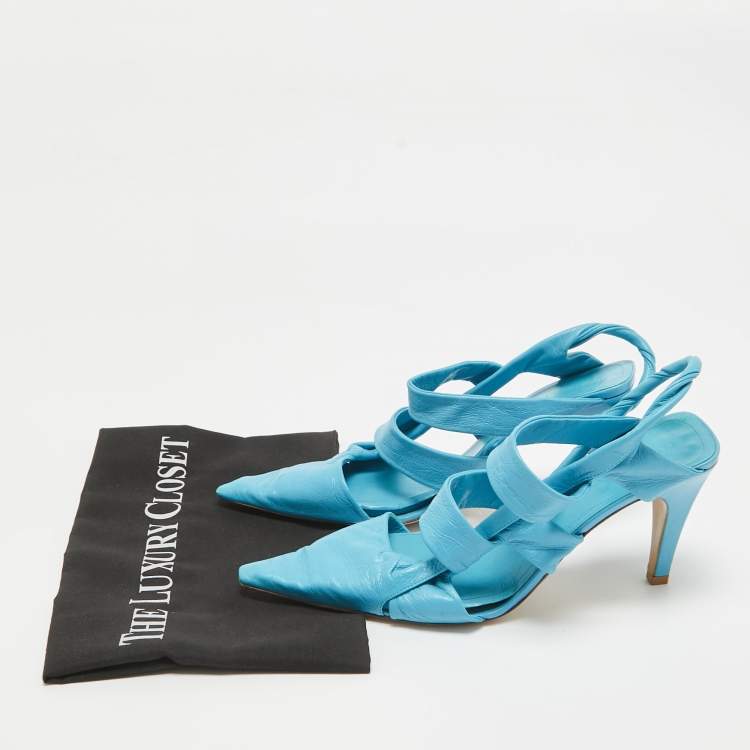 Pre Owned Bottega Veneta Blue Leather Slingback Pumps Size 37.5
