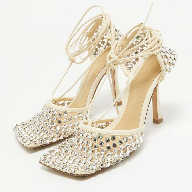 Pre Owned Bottega Veneta Cream Crystal Embellished Mesh Stretch Ankle Tie Pumps Size 37