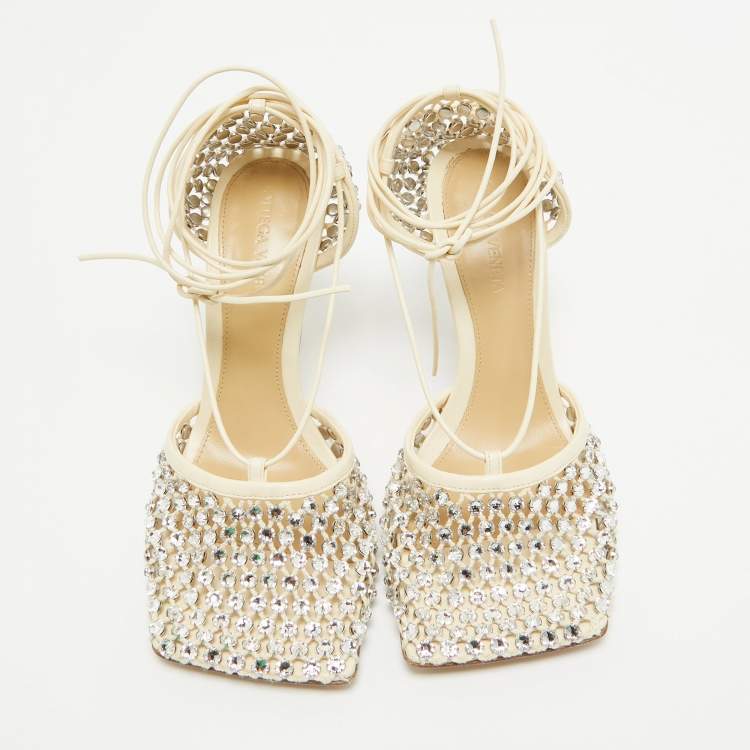 Pre Owned Bottega Veneta Cream Crystal Embellished Mesh Stretch Ankle Tie Pumps Size 37