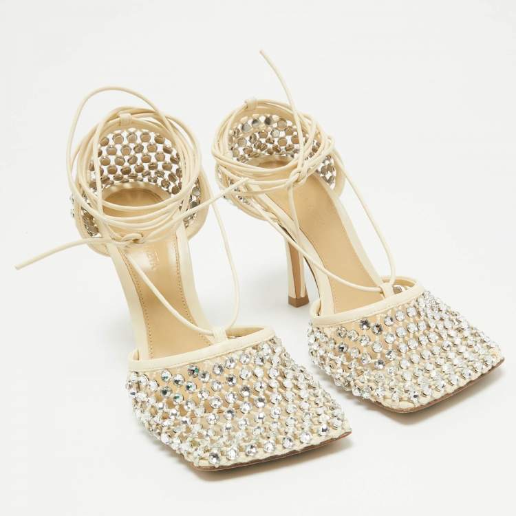 Pre Owned Bottega Veneta Cream Crystal Embellished Mesh Stretch Ankle Tie Pumps Size 37