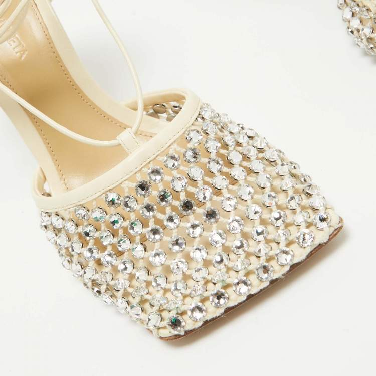 Pre Owned Bottega Veneta Cream Crystal Embellished Mesh Stretch Ankle Tie Pumps Size 37
