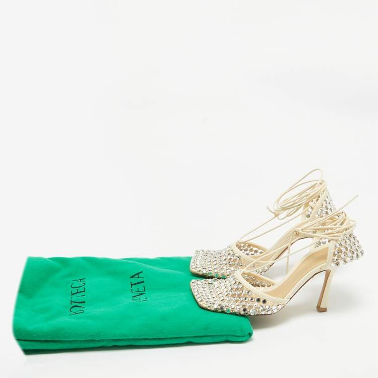 Pre Owned Bottega Veneta Cream Crystal Embellished Mesh Stretch Ankle Tie Pumps Size 37