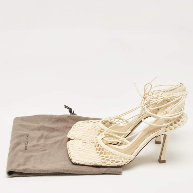 Pre Owned Bottega Veneta Cream Leather and Mesh Stretch Ankle Strap Sandals Size 37.5