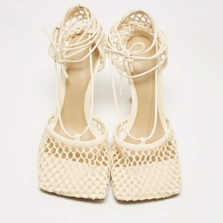 Pre Owned Bottega Veneta Cream Leather and Mesh Stretch Ankle Strap Sandals Size 37.5