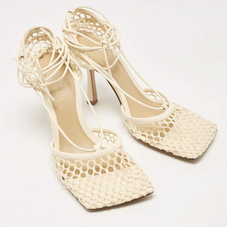 Pre Owned Bottega Veneta Cream Leather and Mesh Stretch Ankle Strap Sandals Size 37.5