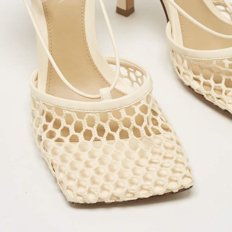 Pre Owned Bottega Veneta Cream Leather and Mesh Stretch Ankle Strap Sandals Size 37.5