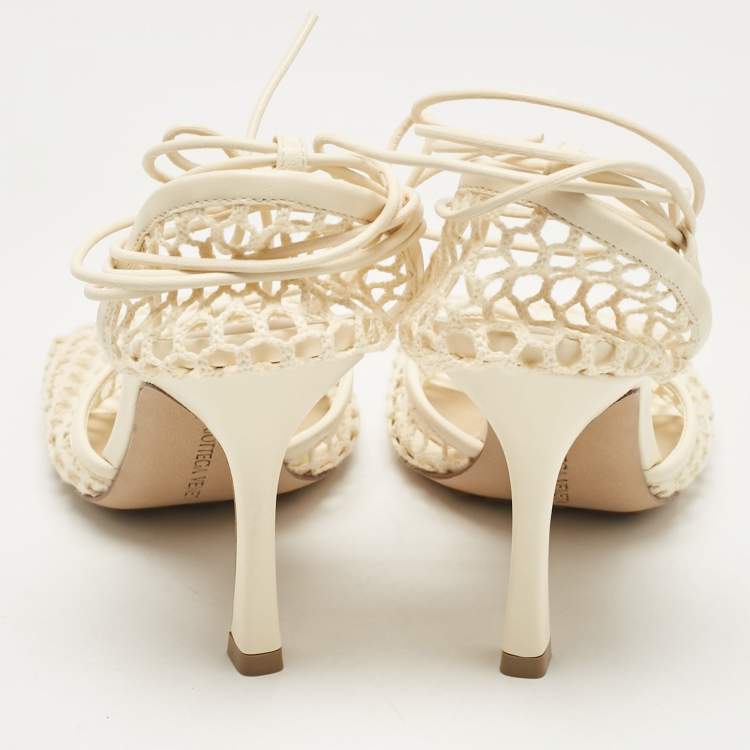 Pre Owned Bottega Veneta Cream Leather and Mesh Stretch Ankle Strap Sandals Size 37.5
