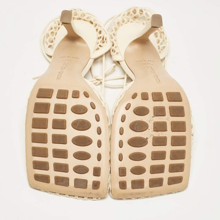 Pre Owned Bottega Veneta Cream Leather and Mesh Stretch Ankle Strap Sandals Size 37.5