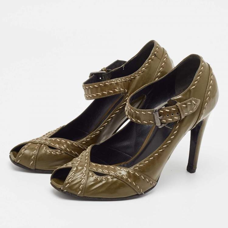 Pre Owned Bottega Veneta Olive Green Patent Leather Mary Jane Pumps Size 40