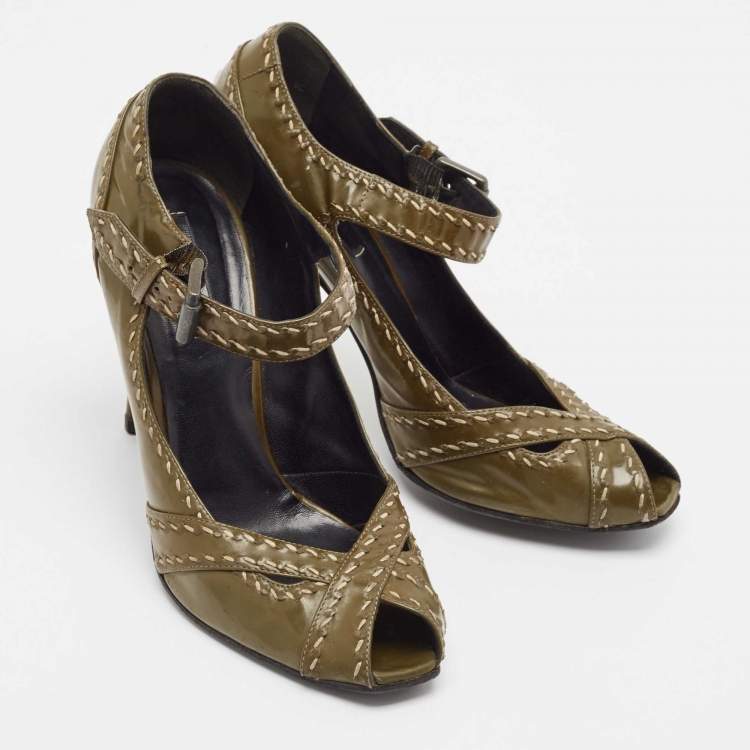 Pre Owned Bottega Veneta Olive Green Patent Leather Mary Jane Pumps Size 40