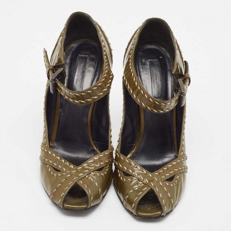 Pre Owned Bottega Veneta Olive Green Patent Leather Mary Jane Pumps Size 40