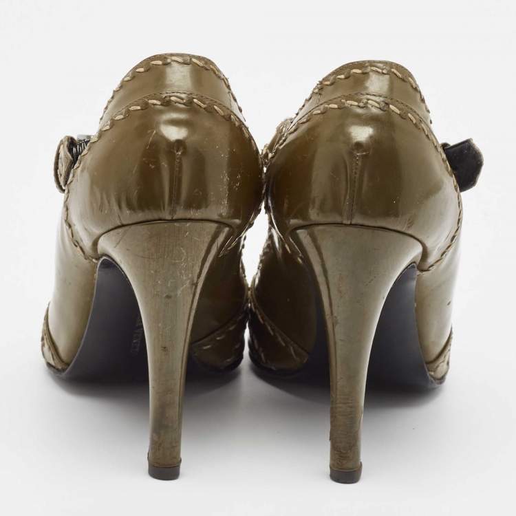 Pre Owned Bottega Veneta Olive Green Patent Leather Mary Jane Pumps Size 40