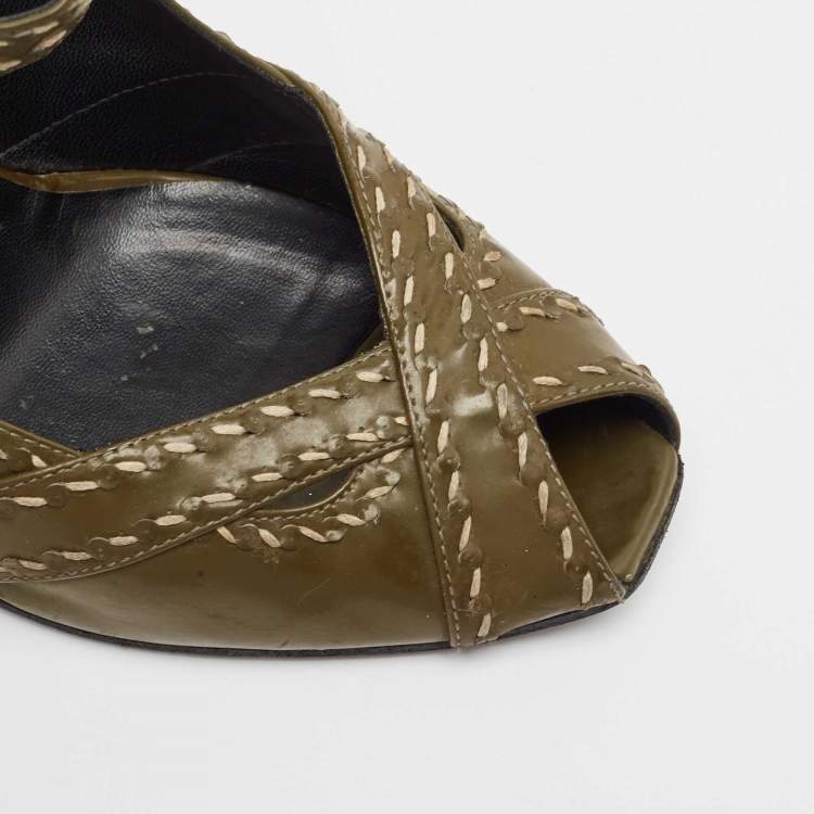 Pre Owned Bottega Veneta Olive Green Patent Leather Mary Jane Pumps Size 40